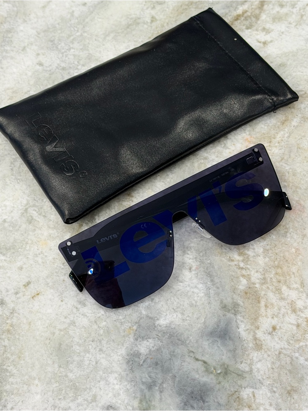 Levi's Men's Black Sunglasses with Dark Blue Logo Shield Lens